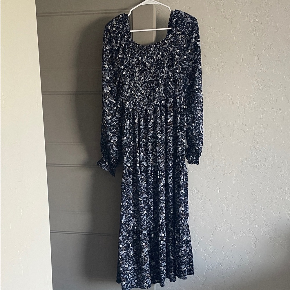 Blue Floral Smocked Maxi Sleeve Dress